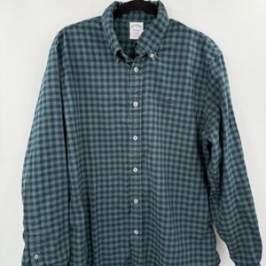 Brooks Brothers Gingham Button Down Shirt Mens L Navy Green Cotton Regent Fit